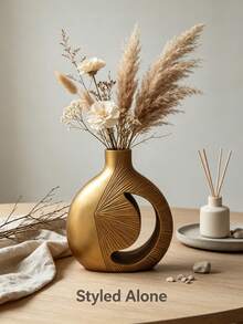 1 Golden Abstract Hollow Resin Vase, Radiating Textured Decorative Vase, Modern Bohemian Tabletop Home Decor, Suitable For Living Room, Hallway, Bedroom, And Dining Room Decoration, Perfect As A Housewarming Gift - Earthy Gold Moon Vase - View 1
