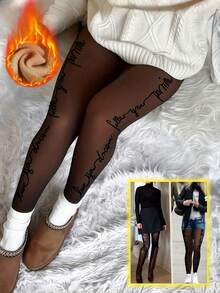 1pc Women's Thermal Lined Thick Side Letter Print Knitted High Elastic Comfortable Elegant Leggings Suitable For Shopping - Black - View 6