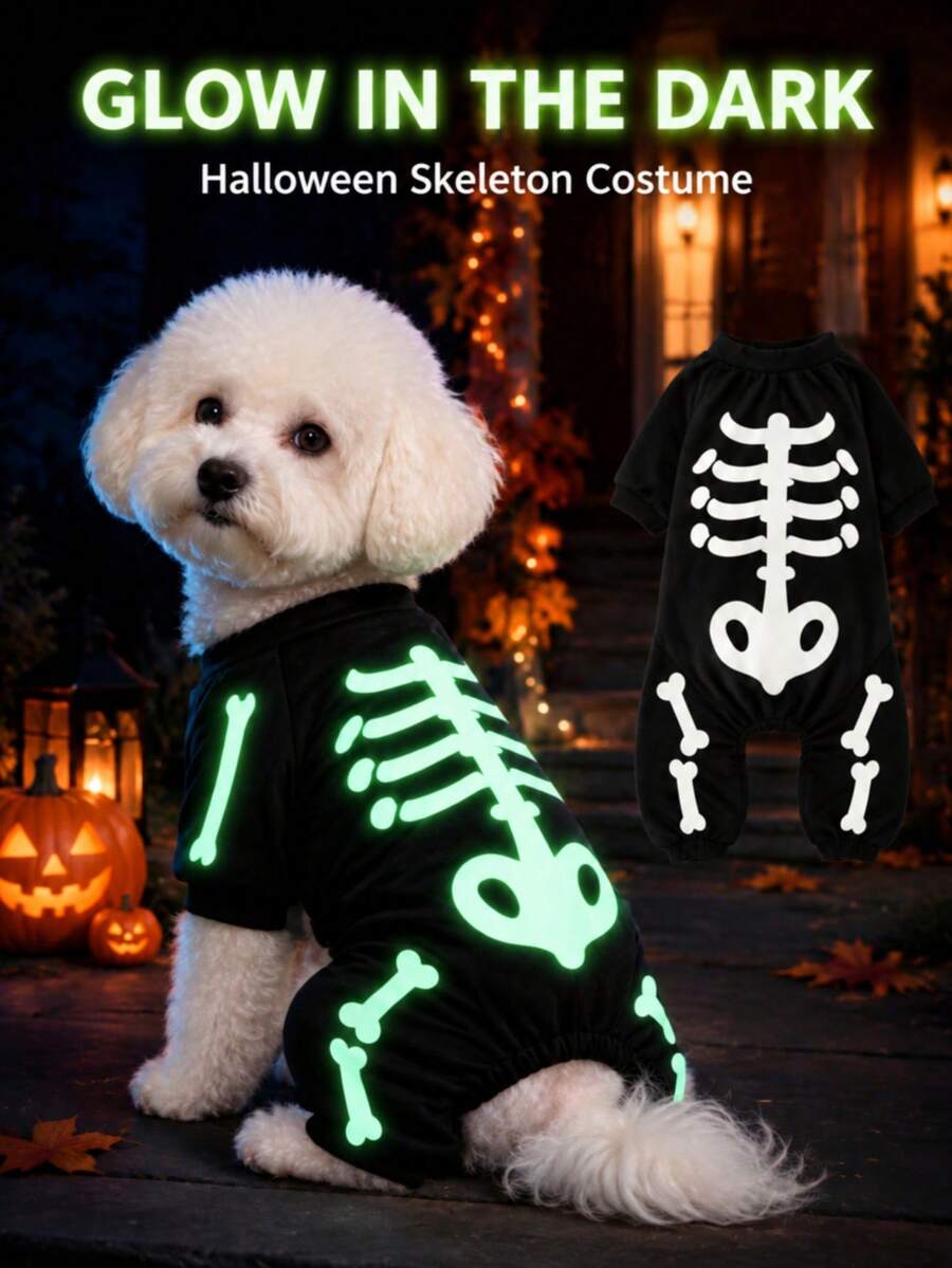 PETSIN Fluorescent Skeleton Dog Costume, Halloween Pet Jumpsuit, Cute Bone Pattern Puppy And Kitten Clothes - Black - View 1