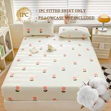 1pc All Cotton Printed Fitted Sheet (Fitted Sheet*1, Pillowcase Not Included) Soft & Comfortable, Washable, Breathable Mattress Protector, Suitable For Hotel, Bedroom, Guest Room, School, All Seasons Bedding - White - View 2