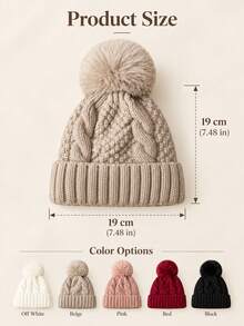 Women's Pom Pom Knit Beanie, Thick Cable Knit Winter Hat With Ribbed Cuff, Solid Color Warm Polyester Hat, Suitable For Daily Commute, Street Style, Travel And Outdoor Looks, Autumn/Winter Fashion Accessory, Christmas And New Year Gift - Multicolor - View 6