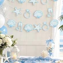 1 Set Beach Last Call Banner, Blue Beach Bridal Or Bachelorette Party Decor, Shell Champagne Glass, Wedding Ring Shaped Paper Beach Shell Party Banner, Natural Seashell Starfish Conch Ocean Party Decor, Paper Banner For Summer Beach Birthday Party - Multicolor - View 5