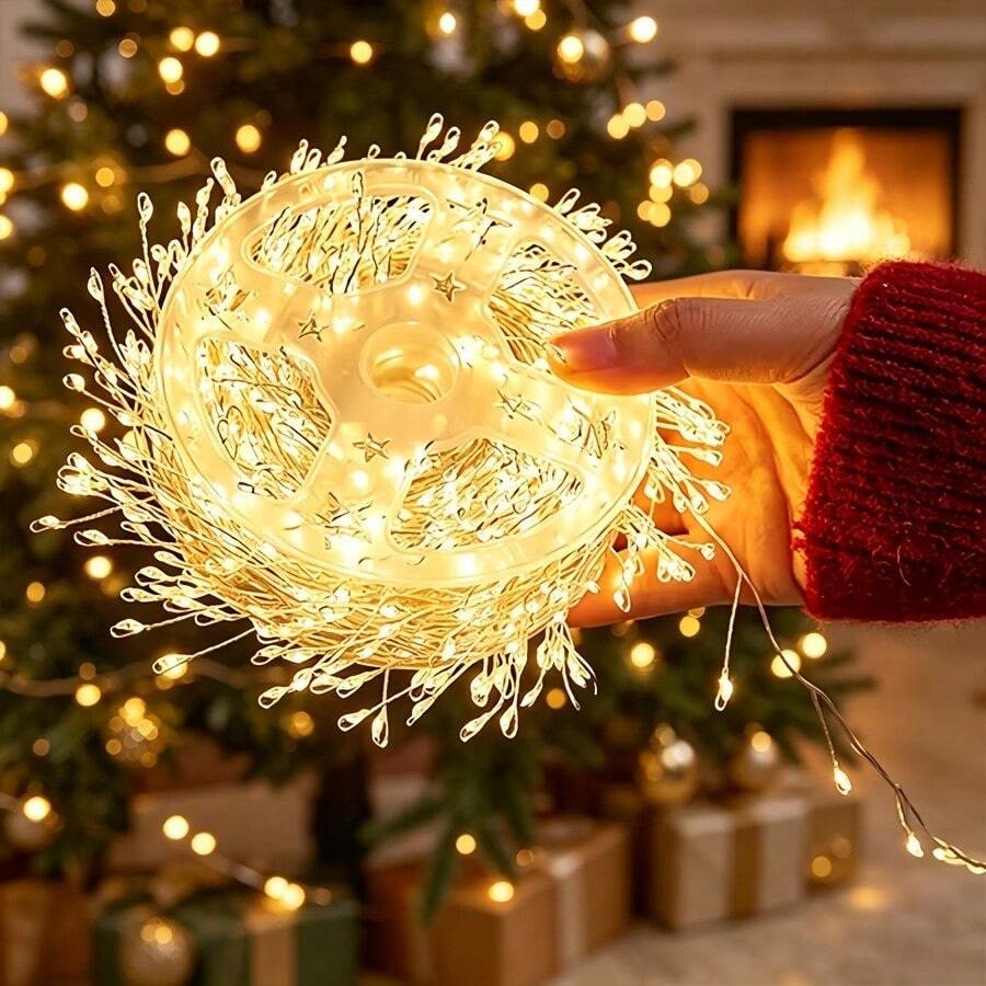 18m 600 LED Firework String Lights, USB Powered With Remote Control, 8 Adjustable Lighting Effects, Flexible Silver Wire For Custom Shaping, Multiple Light Effects, Christmas Tree Garland Window Display Ceiling Home Holiday Atmosphere Decorative Lights