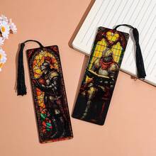 Vintage Gothic Acrylic Book Marker, Knight Reading Figure Stained Window Pattern Bookmark With Black Tassel, Reader Gift - Rectangle - View 7
