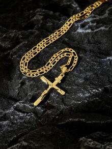 1pc Unisex Retro Cross Shape Pendant Necklace, Gold Plated Figaro Link Chain Daily Wear Statement Neck Jewelry, Gift For Men Women - Yellow Gold - View 5