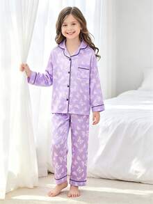 2pcs Tween Girl Purple Butterfly Print Long Sleeve Pajama Set - Multicolor - View 3