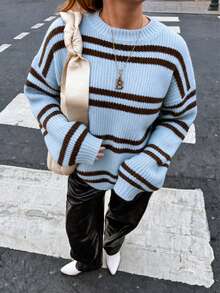 Sweater Rajut Wanita Lengan Panjang, Motif Garis Biru Muda dan Cokelat, Sempurna untuk Mode Musim Gugur dan Musim Dingin - MultiWarna - View 4