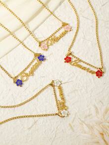 Customized Enamel Flower Name Necklace, Personalized Stainless Steel Women's Fashion Necklace, Suitable As Birthday And Christmas Gift For Friends - Gold - Double Melon 3NK Chain - View 7