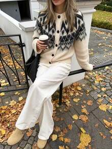 Women's New Autumn/Winter Fashion Vintage Fair Isle Textured Cardigan Sweater Jacket - Off-white - View 2