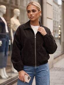 Women's Corduroy Jacket Cropped Oversized Zip-Up With Classic Collar And Elastic Hem - Chocolate Brown - View 2