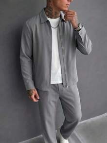 Men's Casual Versatile Woven Plain Grey Shacket Set - Light Grey - View 4