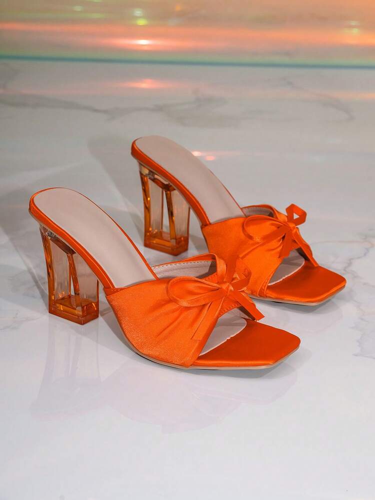 Women's Rhinestone Mesh Mule Slippers Crystal Asymmetric High Heel Sandals - Orange - View 6