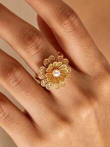 1pc Women's Vintage Lotus Ring, Gold Flower Ring, Wedding Couple Ring, Elegant Aesthetic Jewelry - Flower - View 9