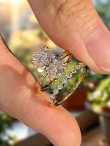 Set Cincin Oval 2 Buah & 2 Karat, Cincin Wanita Elegan, Cocok untuk Kencan, Pesta, Ulang Tahun, Hadiah Perhiasan Istimewa untuk Wanita - Emas - View 5