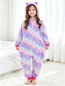 Baju Terusan Anak Perempuan Motif Langit Berbintang Ungu dengan Telinga Kucing - MultiWarna - View 4