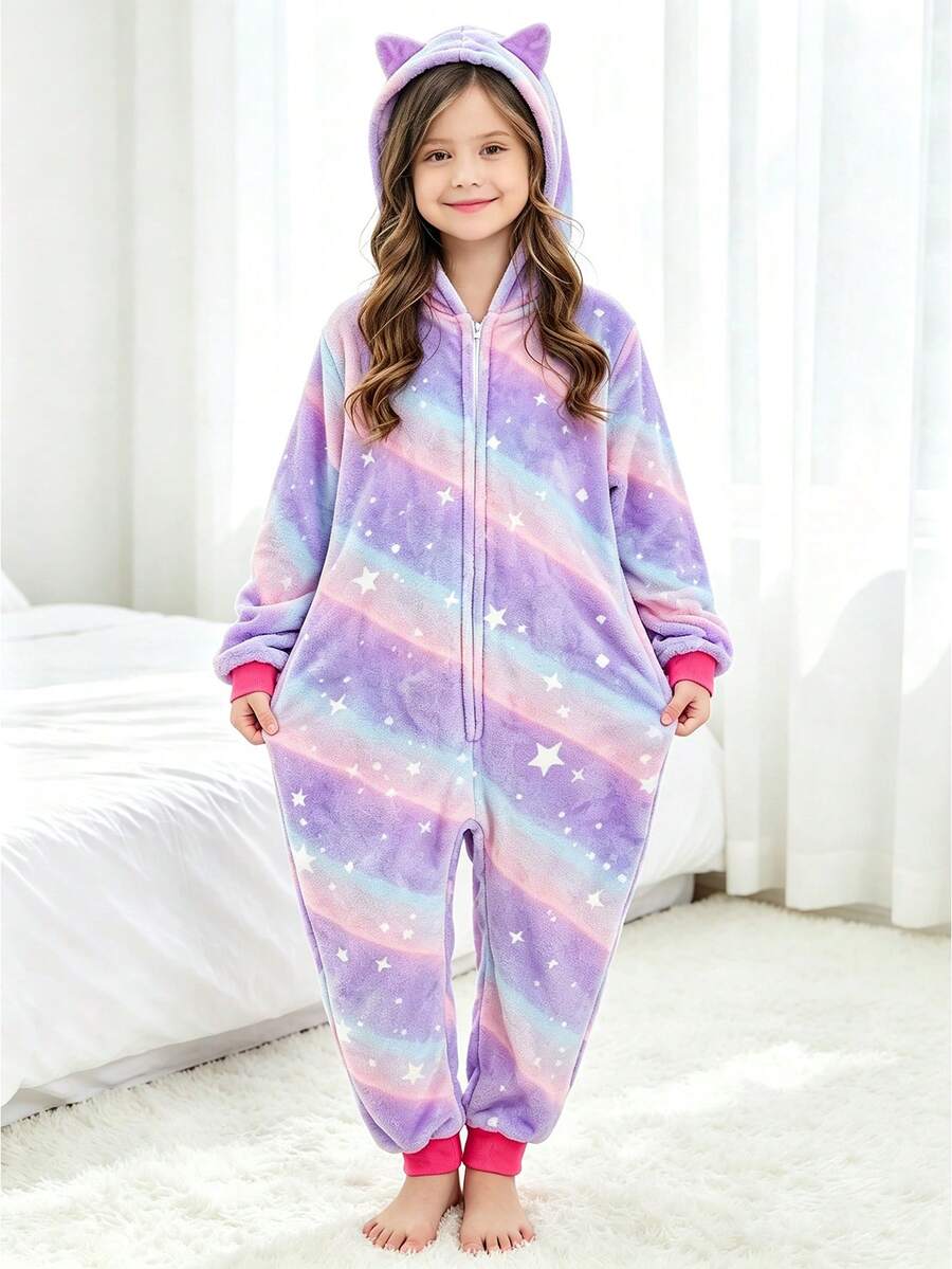 Tween Girl Purple Starry Sky Cat Ear One-Piece Loungewear - Multicolor - View 1