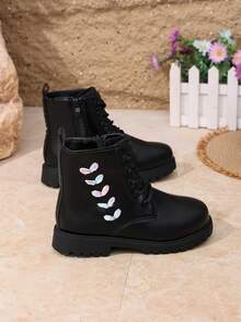Girls' Boots Autumn/Winter New Black Boots With Colorful Embroidery Side Zipper Non-Slip Thick Sole Ankle Boots - Black - View 4