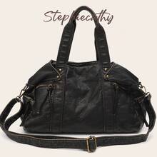 STEPHIECATHY Women's Retro Casual Chic Street Style Washed PU Leather Zipper Multi-Pocket Large Capacity Tote Bag, Fits 13-Inch Laptop, Adjustable Shoulder Strap For Crossbody Or Shoulder Wear, Suitable For Daily Commute, College, Short Trips, Rockabilly, Y2K, Gothic Punk Style - Black - View 2