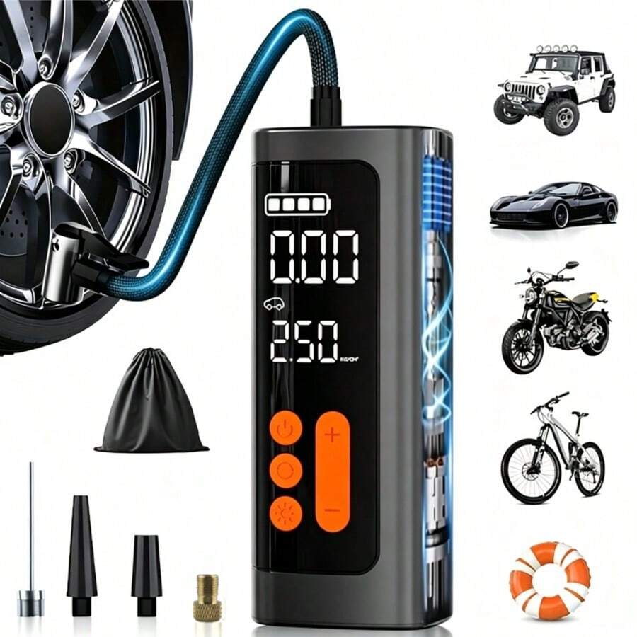 Portable Tire Inflator Pump, Wireless Car Tire Pump 3-150 PSI With Pressure Gauge, Electric Bicycle Pump, Auto Shut-Off, Suitable For Balls And Motorcycles