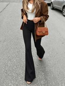 Women's Spring Autumn Winter Black Solid High Waist Flared Leggings, Elastic Slim Fit Butt Lifting Drape Flare Pants, Casual Commute Versatile - Black - View 2