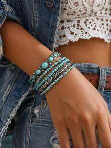 5pcs Vintage Bohemian Turquoise Beaded Bracelets, Western Cowboy Style Design, Stackable, Elastic Cord Design, Suitable For Women's Daily Wear - Blue Series - View 2
