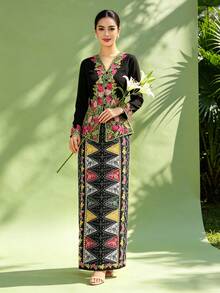 1pc Women's Kebaya Nyonya Printed Elegant Skirt, Spring/Summer - Black - View 4