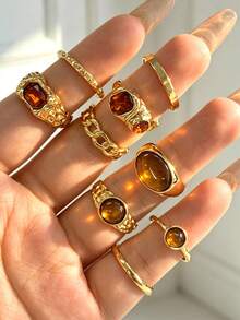 9pcs Multi-Layer Stackable Fashion Minimalist Elegant Exquisite Vintage Design Rhinestone Shiny Faux Tiger Eye Chain Geometric Ribbon Asymmetrical Pleated Texture Metal Style Chunky Rings Set, Holiday Vacation Party Date Gift, Daily Commute Wear, Personalized - Yellow Gold - View 5