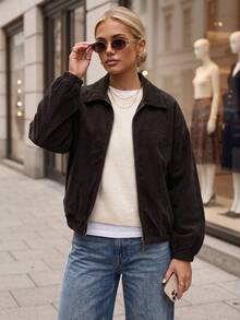 Women's Corduroy Jacket Cropped Oversized Zip-Up With Classic Collar And Elastic Hem - Chocolate Brown - View 3