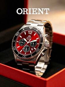 Orient Men's Solar Sports Watch, Red Dial, Timing Function, Date Display, 20ATM Waterproof, Steel Belt RA-TX0207R10B - Silver - View 1