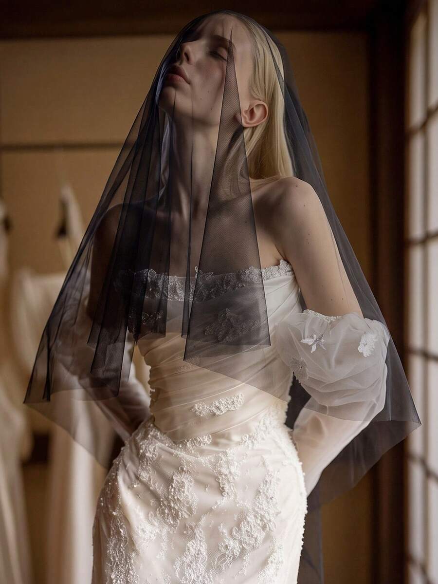 2-Layer Black Tulle Veil Gothic Style Halloween Party Bride Veil Photo Prop Headpiece