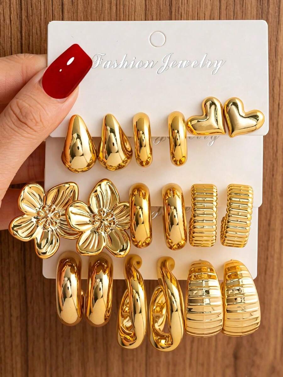 6-18pcs Fashionable Lightweight CCB Earrings Set, Including Teardrop, C-Shaped, Heart, Floral, Textured C-Shaped, Geometric Stud Earrings, Suitable For Women's Dates And Holidays, Exquisite Holiday Gift - Gold - View 1