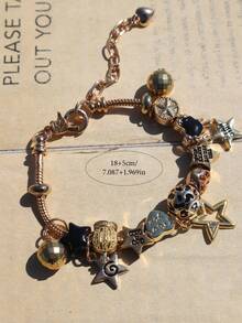 1pc Heart Lock & Key Charm Bracelet, Dark Gothic Star Bracelet, Star Heart Bracelet - Gold - View 3