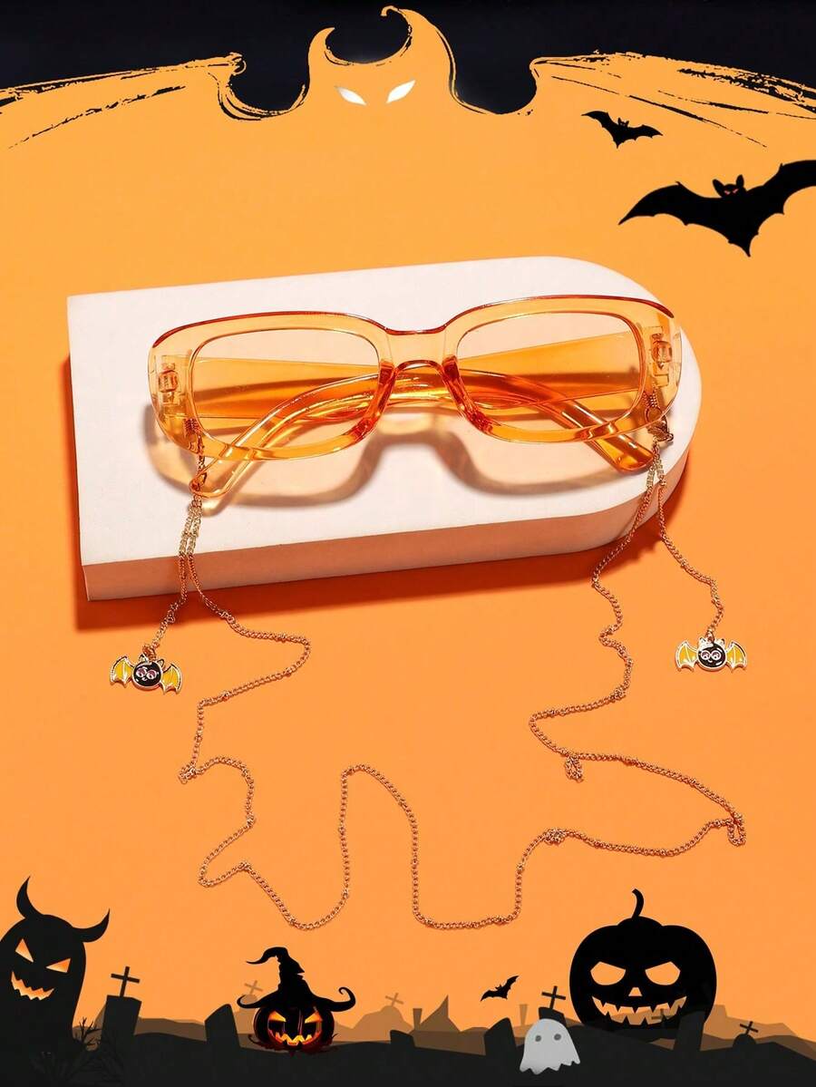1 PC Women's Halloween Rectangle Fashion Glasses Transparent Orange PC Material And 1 PC Bat Glasses Chain For Halloween Club Party With Glasses Box - Multicolor - View 1