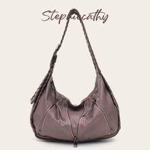 STEPHIECATHY Large Women's Shoulder Wide Woven Bag, PU Leather, Y2K Vintage Distressed Perforated Design, Adjustable Shoulder Strap, Zipper Decor, Pillow Style Bohemian Handbag, Suitable For Daily, Travel, Commute - Multicolor - View 12
