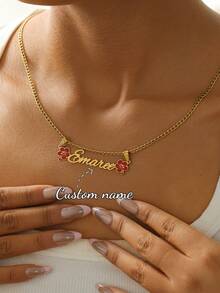 Customized Enamel Flower Name Necklace, Personalized Stainless Steel Women's Fashion Necklace, Suitable As Birthday And Christmas Gift For Friends - Gold - Double Melon 3NK Chain - View 2