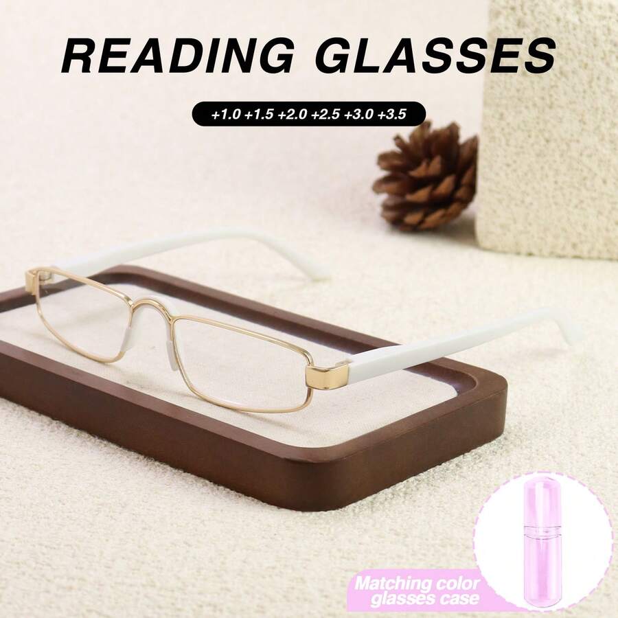 1pc Small Frame Rectangular Reading Glasses, Premium Luxury Reading Glasses With High-Quality Metal Frame, Suitable For Women's Daily Business Reading, Comes With High-Quality Glasses Storage Case - White - View 1