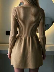 Women's Fall Winter Camel Ribbed Knit V Neck Button Front Fit & Flare Long Sleeve Mini Sweater Dress, Elegant Casual Date Night Office Wear - Khaki - View 9