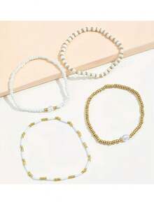 4PCS CCB Rice Bead Bracelet, Fashionable Personalized Asymmetrical Faux Pearl Beaded Bracelet, Beach Style Women's Jewelry (Mixed Rice Beads, Non-Positioned) - Gold - View 3