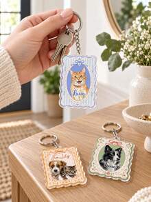 1pc Custom Pet Photo Acrylic Vintage Frame Keychain, Personalized Pet Name Portrait Keyring, Wavy Border Custom Pet Lover Keepsake Gift, Dog Mom Cat Mom Gift - Multicolor - View 5