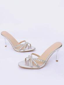 Women's Silver Round Toe Rhinestone Stiletto Heel Mule Sandals, Black PU Slip-On High Heel Slides, Evening Party Dress Shoes - Silver - View 9