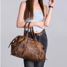 Cool Vintage Rivet Women's Large Bag, Distressed Washed PU Tassel Zipper Tote Bag, Commuter Handbag & Crossbody Bag - A - View 9