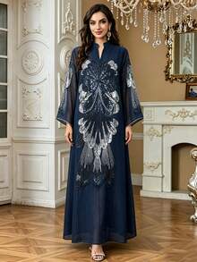亮片刺繡 Abaya 長裙，立領長袖保守風 Kaftan，杜拜奢華穆斯林長袍，適用於開齋節、齋月、婚禮派對 - 藏蓝色 - 查看 2