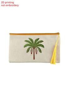 Tas Kosmetik Kanvas Beige dengan Resleting, Dicetak dengan Motif Pohon Kelapa, Dilengkapi Rumbai, Dapat Digunakan Sebagai Tas Perlengkapan Mandi, Tas Penyimpanan Perjalanan, Tas Alat Tulis - MultiWarna - View 13
