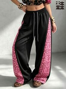 mulinsen Women's Straight Leg Sweatpants, Elastic Drawstring Waist, Pink Leopard Print Side Stripe Casual Joggers - Baby Pink - View 4