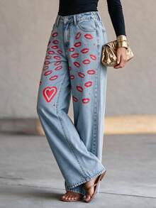 Spring Autumn Winter Versatile Fashion Casual Elegant Holiday Daily Date Travel Airport Outfit Denim Women's Printed Design Washed Straight Leg Long Pants - Blue - View 5