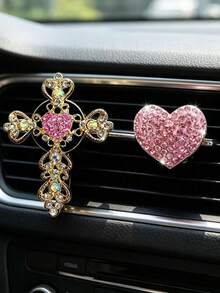 1pc Rhinestone Heart-Shaped Car Air Vent Perfume Bottle With Gold Rhinestone Cross Decoration - A - View 2