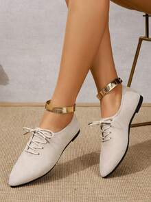 Women's Vintage Soft Minimalist Lace-Up Solid Color Pointed Toe Flat Shoes - Beige - View 4