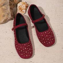 Women's Metal Rivet Decor Solid Color Square Toe Single Strap Flat Mary Jane Shoes, Retro Daily Spring/Summer Red Faux Leather Low Vamp Pumps - Burgundy - View 6