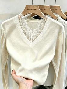 Women's Autumn White Casual Solid Color Crew Neck Long Sleeve Loose Short Pullover Sweater, Lace Patchwork Design - White - View 3