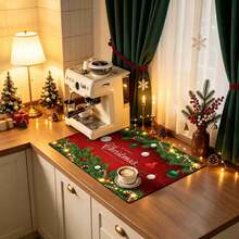 1pc, Christmas Series, Pine Branch & Colorful Ball Christmas Border Pattern Printed Coffee Bar Mat, Drainage Mat, Coffee Machine Soft Bottom Diatomaceous Earth Drainage Mat, Soft Rubber Drainage Mat, Super Absorbent & Wear-Resistant Dish Drying Mat, For Countertop Restaurant Kitchen Table Mat, Patio Dining Table Decor, Home Kitchen Supplies, Countertop Decor Mat - Multicolor - View 3